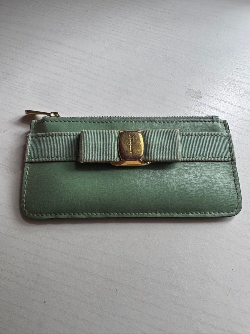 Salvatore Ferragamo Mint Green Leather Bow Zip Wallet with Gold Hardware